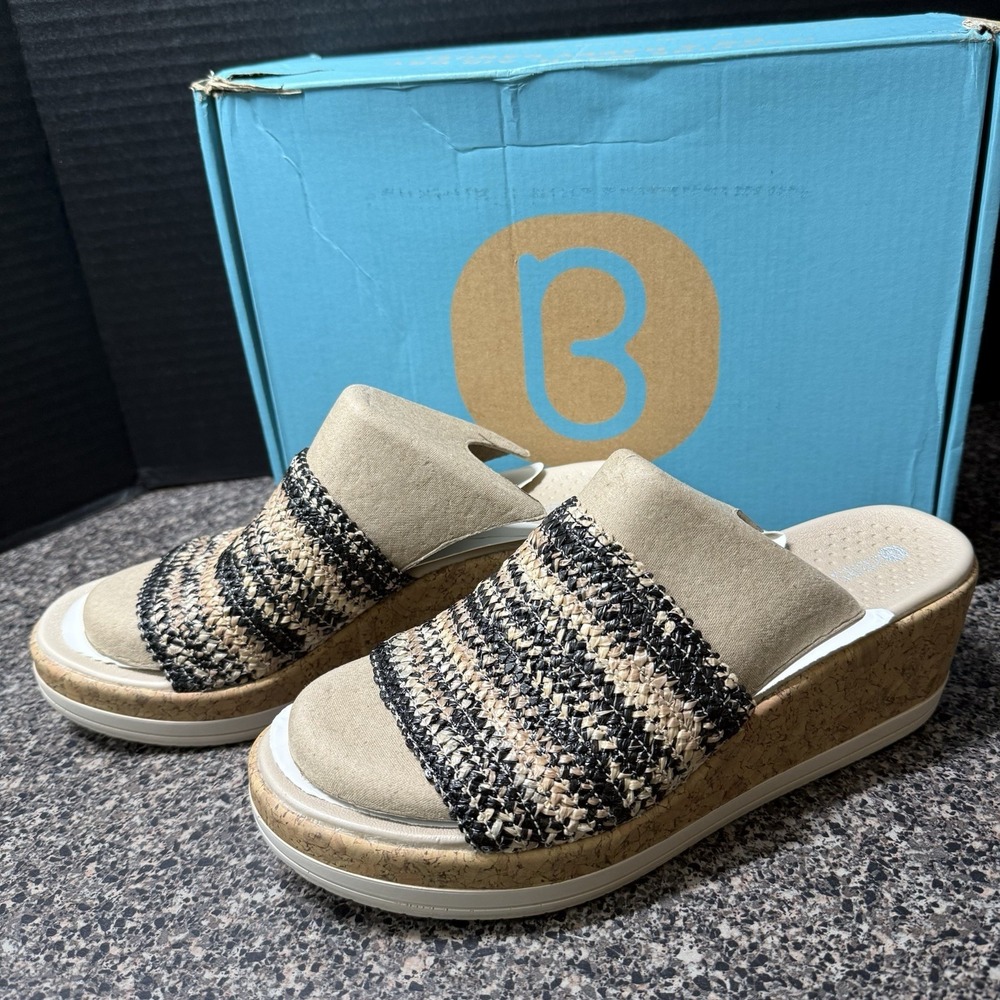 Bzees Runaway Slide Sandals Women 8.5M Black Tan Raffia Cork Wedge Comfort